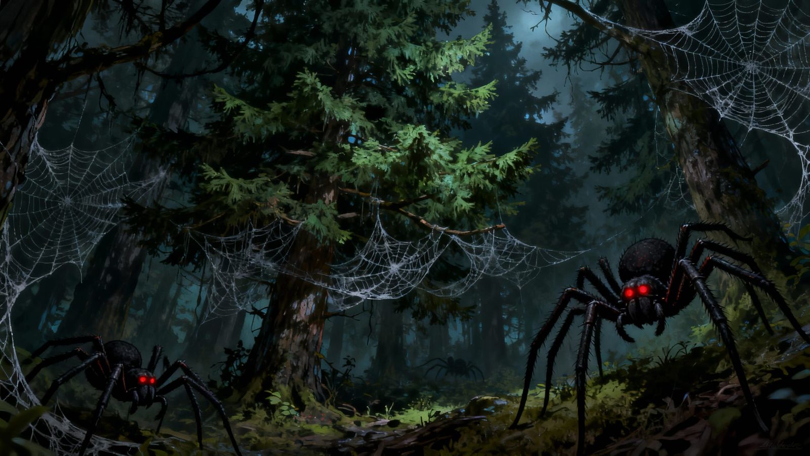 Creepy Anime Forest with Spiders and Webs