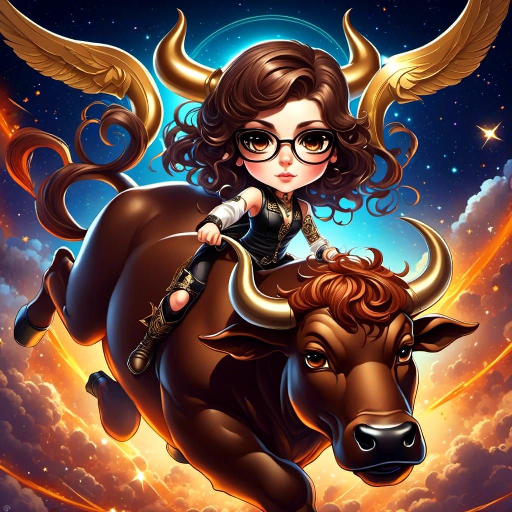 Chibi Girl Rides Taurus Zodiac Bull
