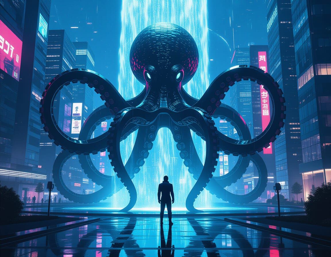 Cyborg Silhouette by Octopus Fountain in Synthwave Style