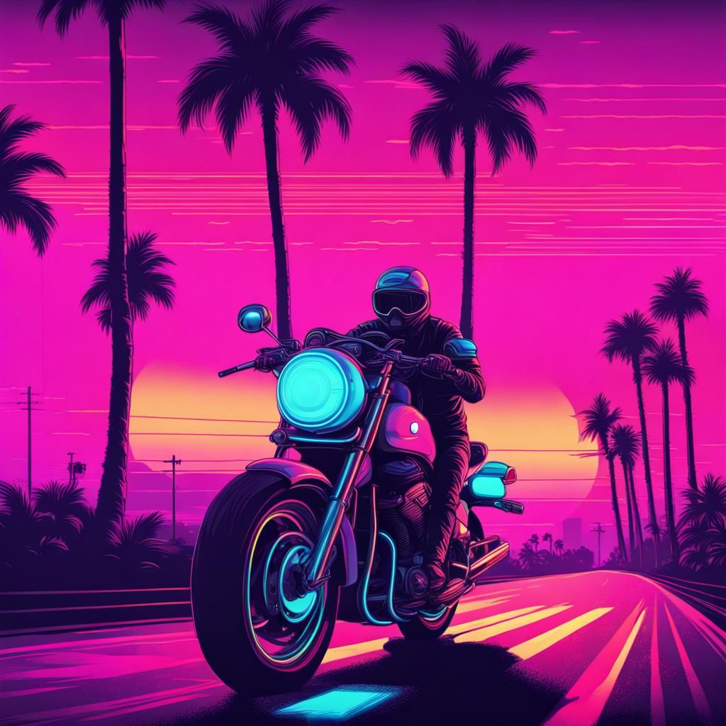 Neon Motorcycle Ride at Sunset in Synthwave Style