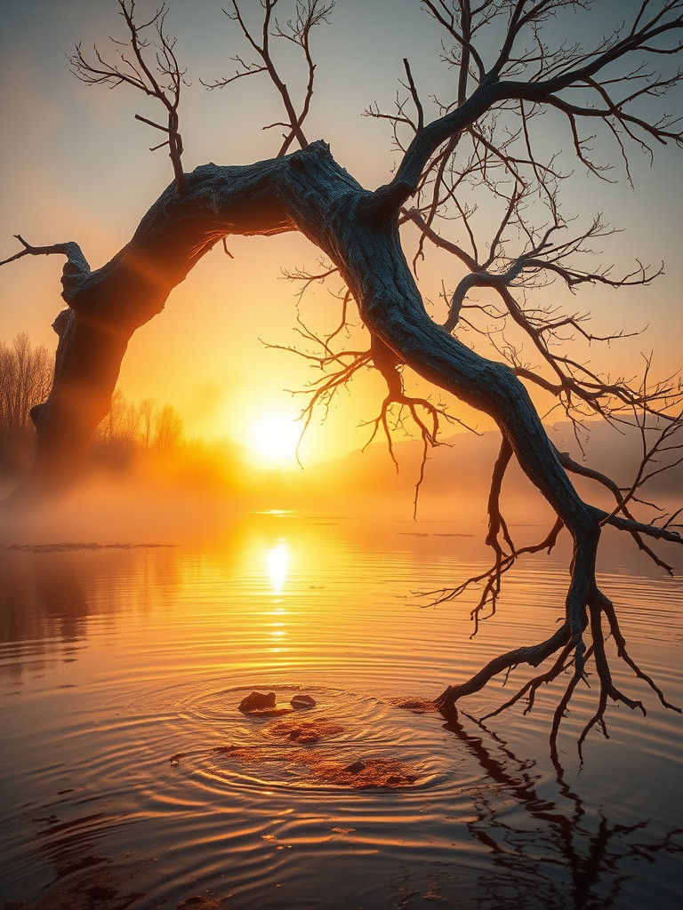 Misty Sunset: Ancient Branch Bends Into River