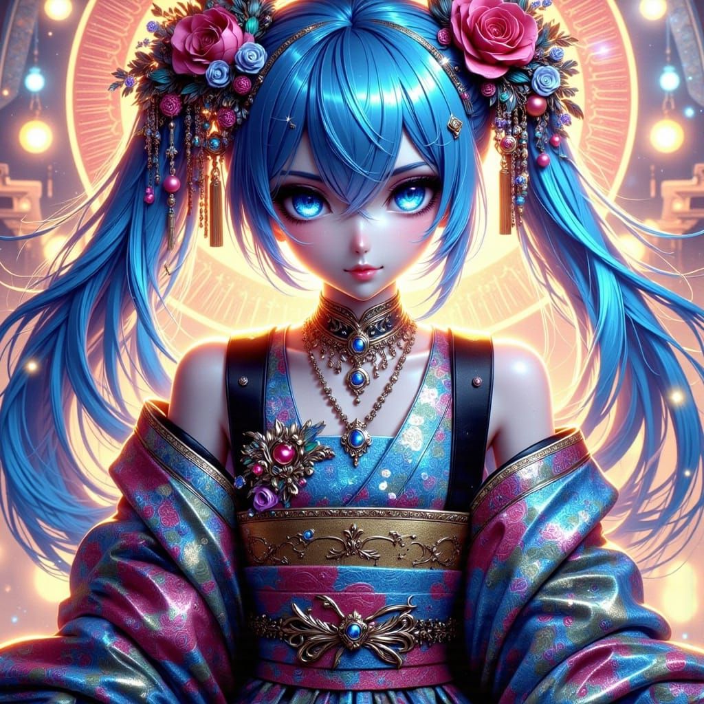 Anime Style Miku Hatsune in Kimono with Bokeh