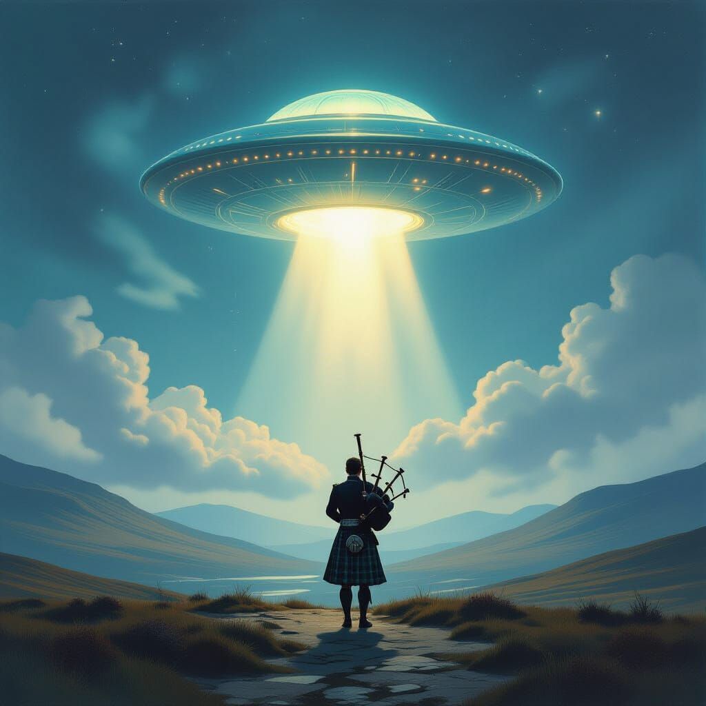Surreal UFO Over Scotland With Bagpiper in Painterly Style