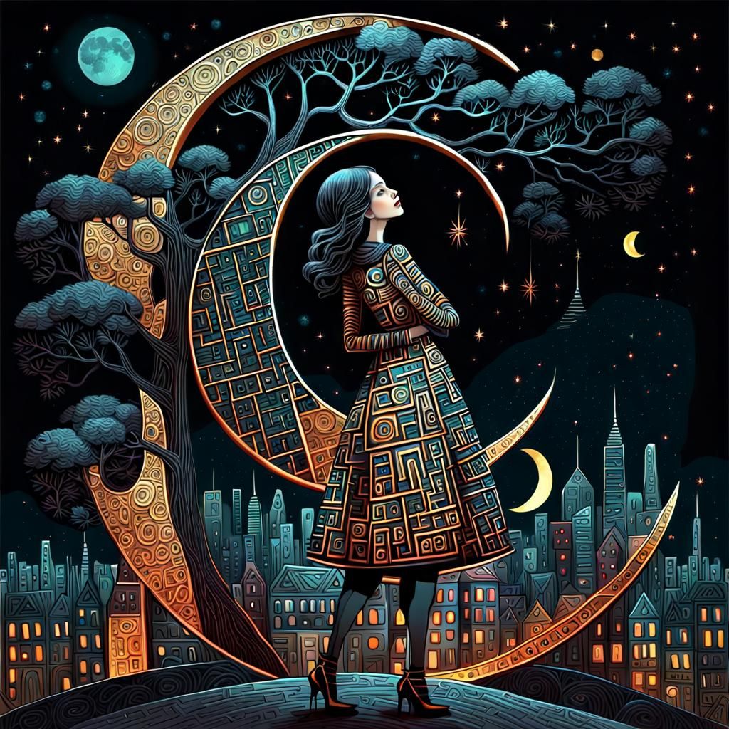 Letter Girl in Cityscape, Klimt-Inspired Folk Art