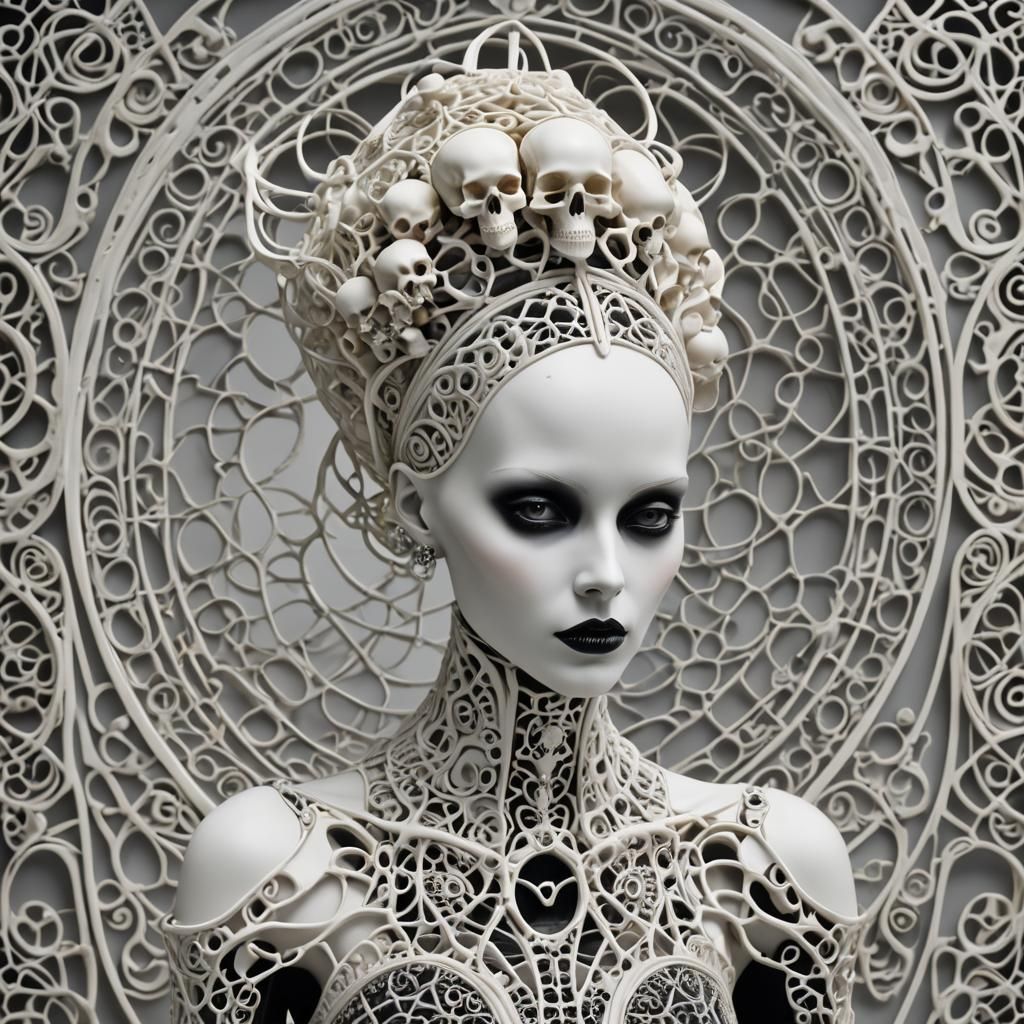 Surreal Porcelain Woman Sculpture with Geometric Scarf