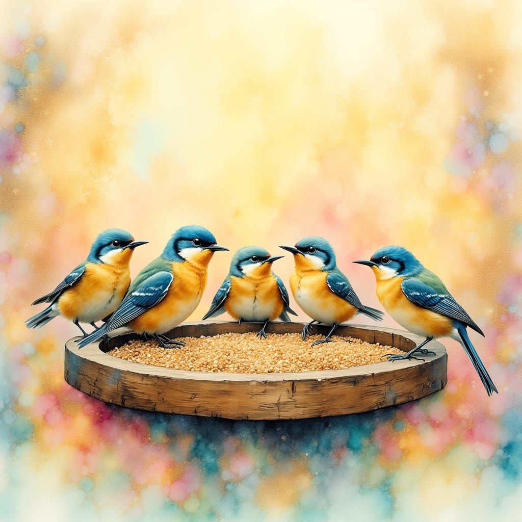 Vibrant Birds at Feeder in Watercolor Explosion Style