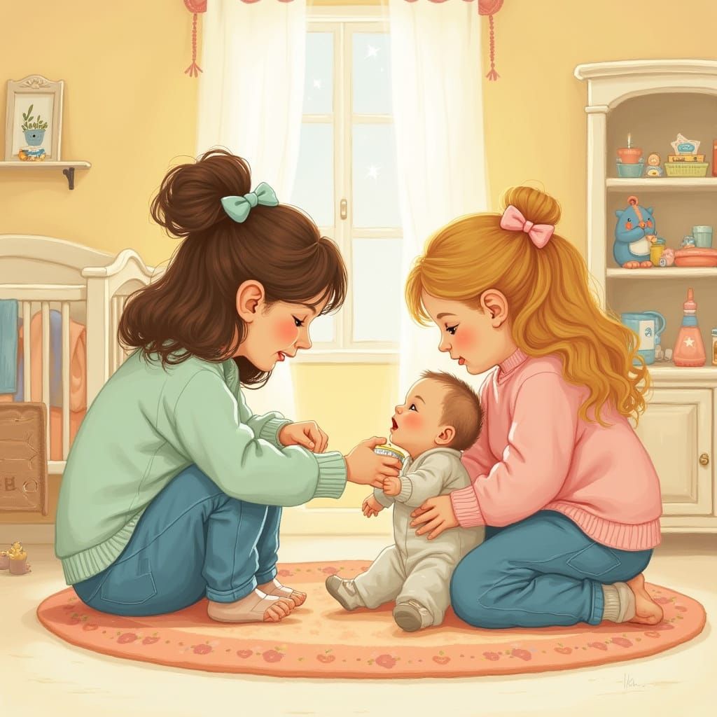 Girls Feeding Baby in Whimsical Nursery Art