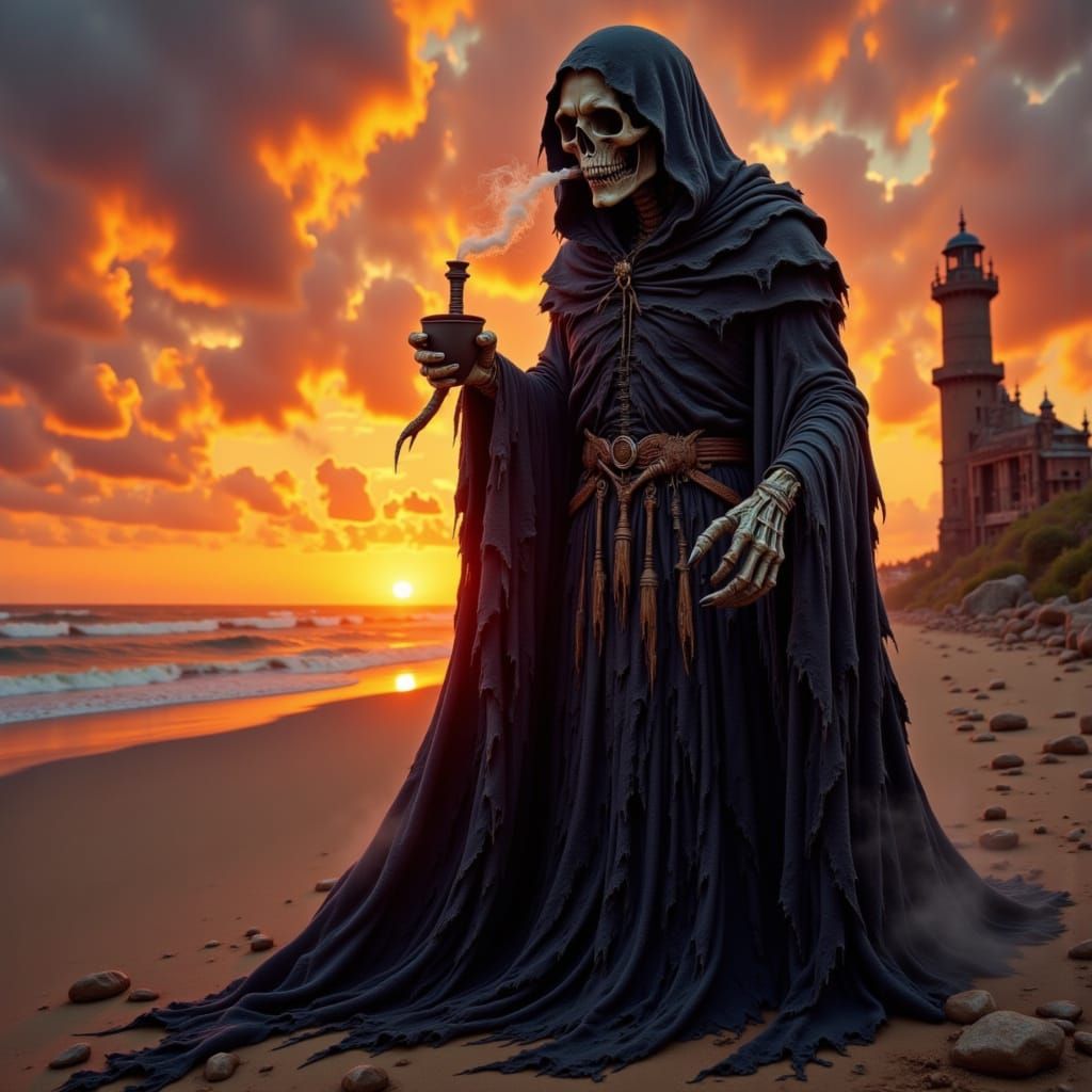 Grim Reaper's Peaceful Coffee Break at Sunrise