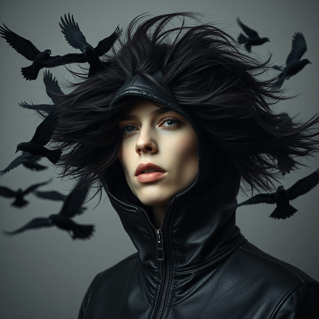 Surreal Hooded Figure with Zipper Face and Flying Birds
