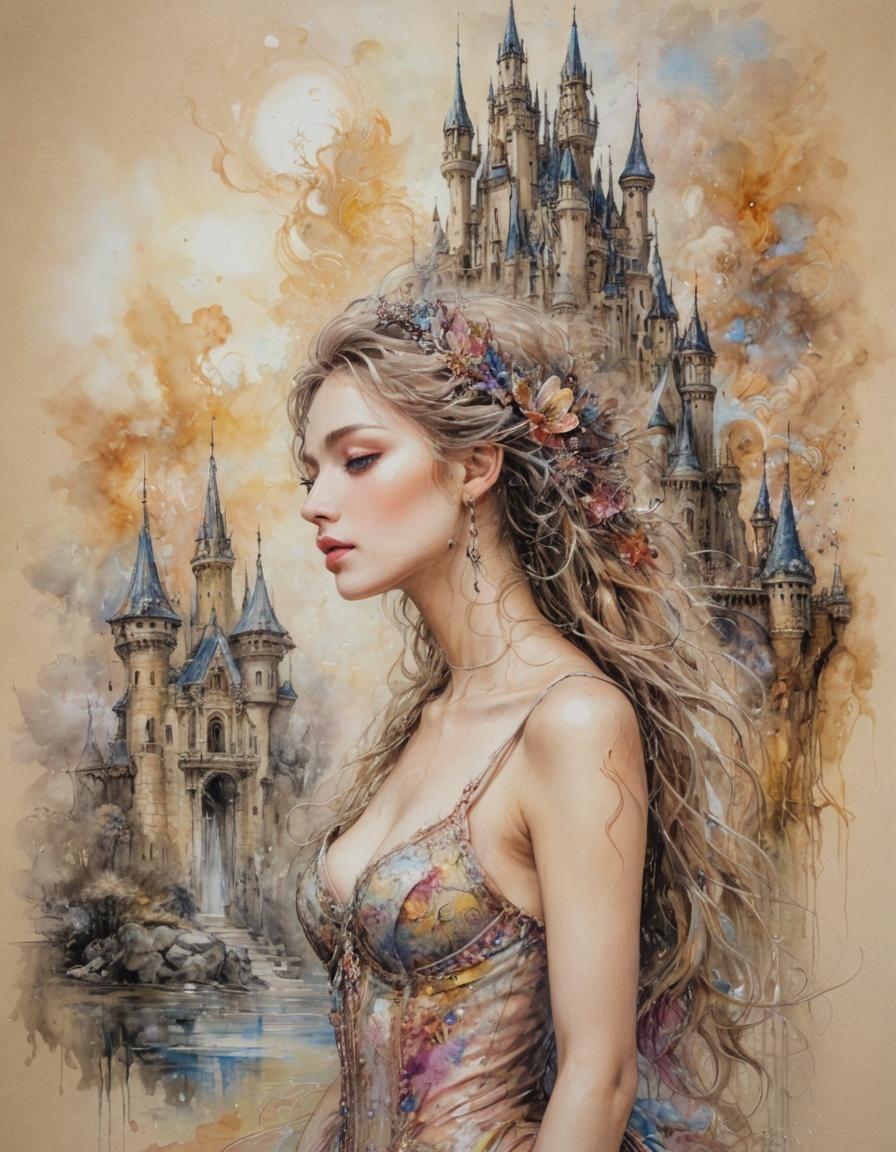 Dreamlike Castle in Abstract Ink Drawing