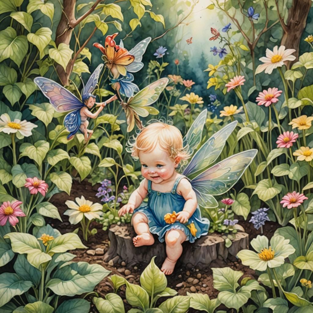 Baby Fairy Playing in Garden: Watercolor Art