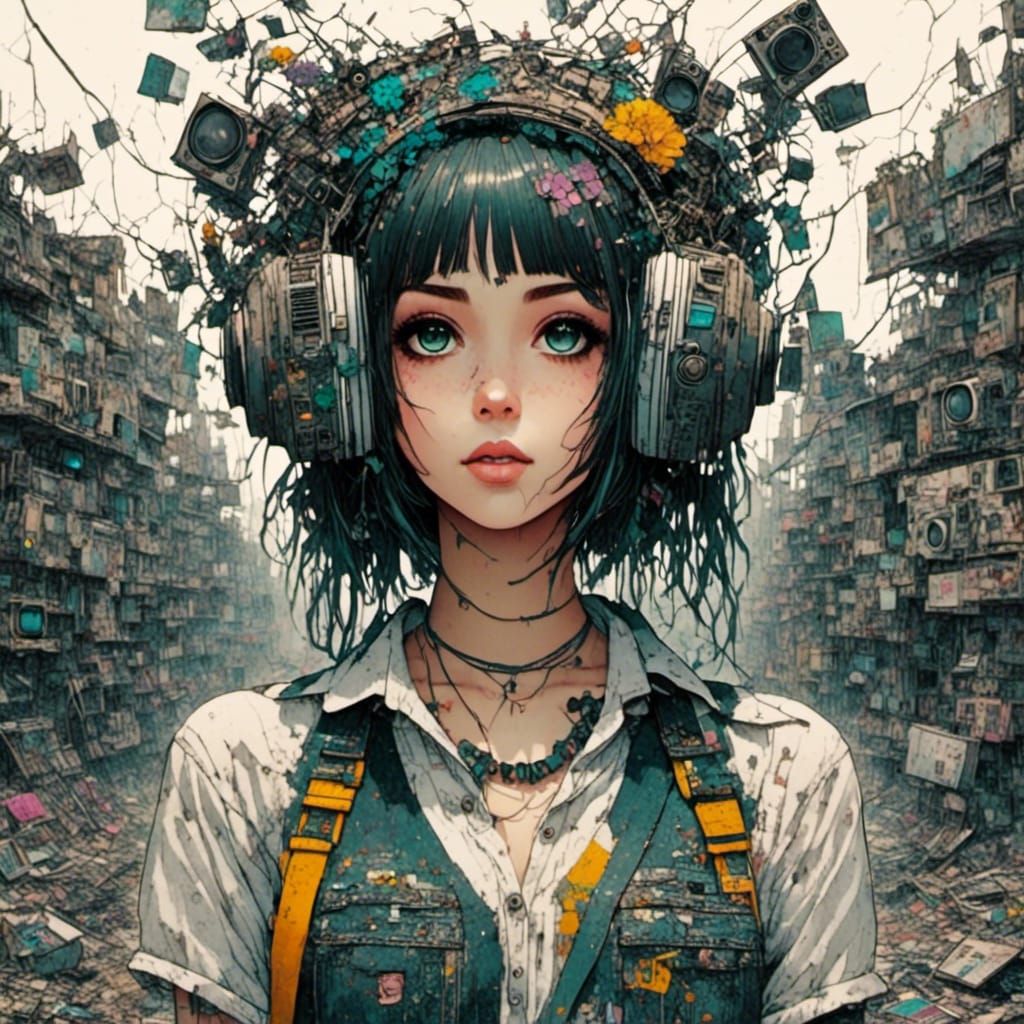 Post-Apocalyptic Beauty with TV Head in Anime Style