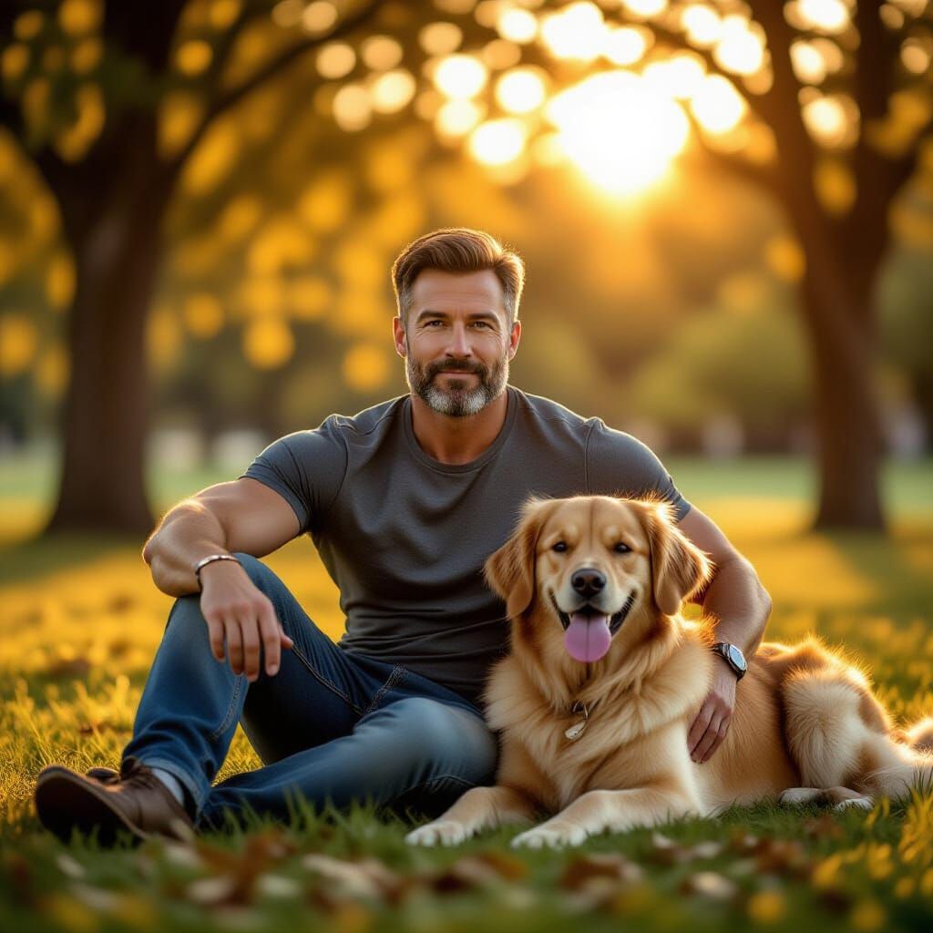 Attractive Man and Golden Retriever in Serene Morning Park