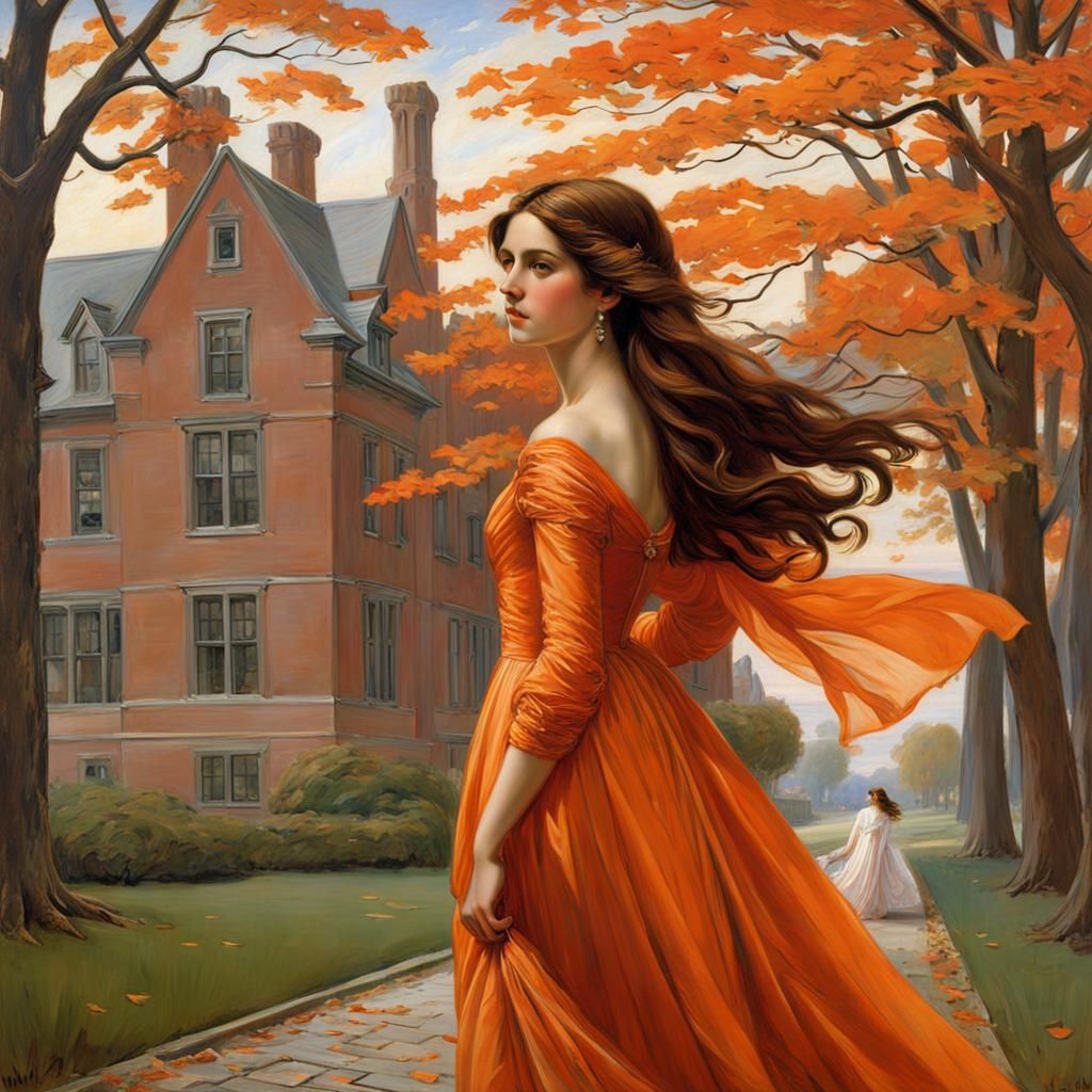 Woman in Orange Gown Beneath Autumnal Trees