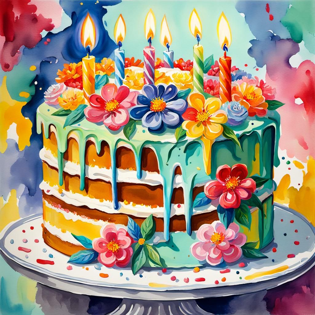 Colorful Birthday Cake in Gouache and Watercolor Style