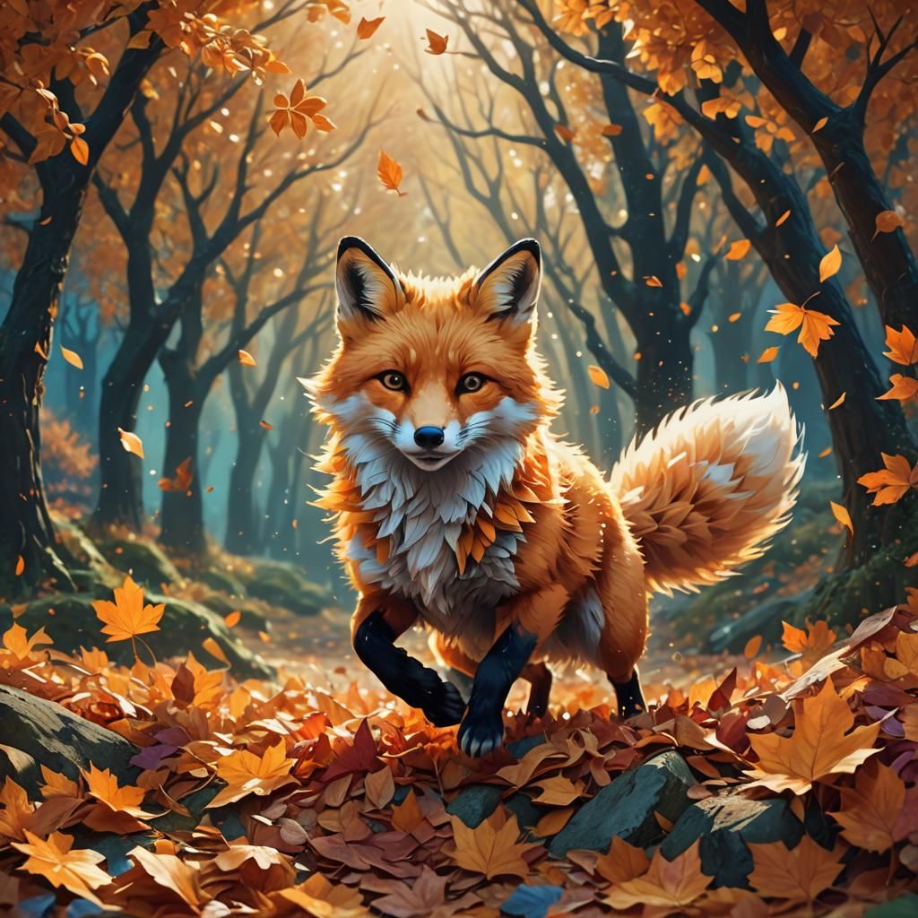 Orange Fox Jumping in Autumn Leaves, Fantasy Art