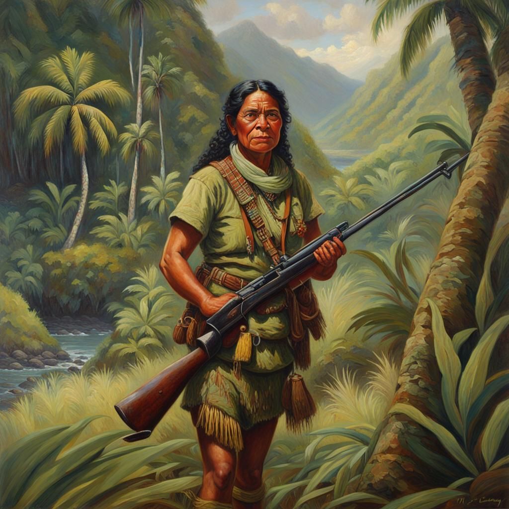 Maori Hunter Hiking Tropical Shoreline as Oil Painting