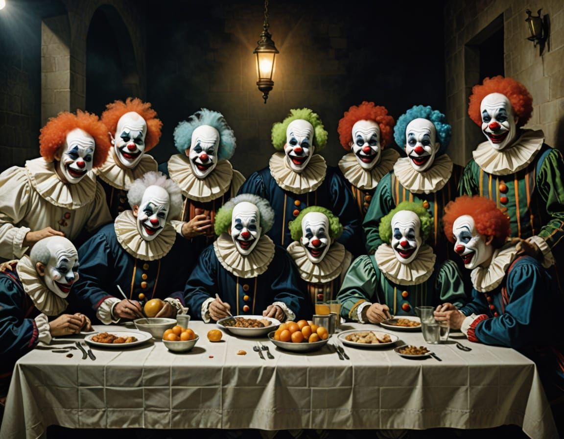 Clowns Gather at an Eerie Table in a Pierrot-Inspired Scene