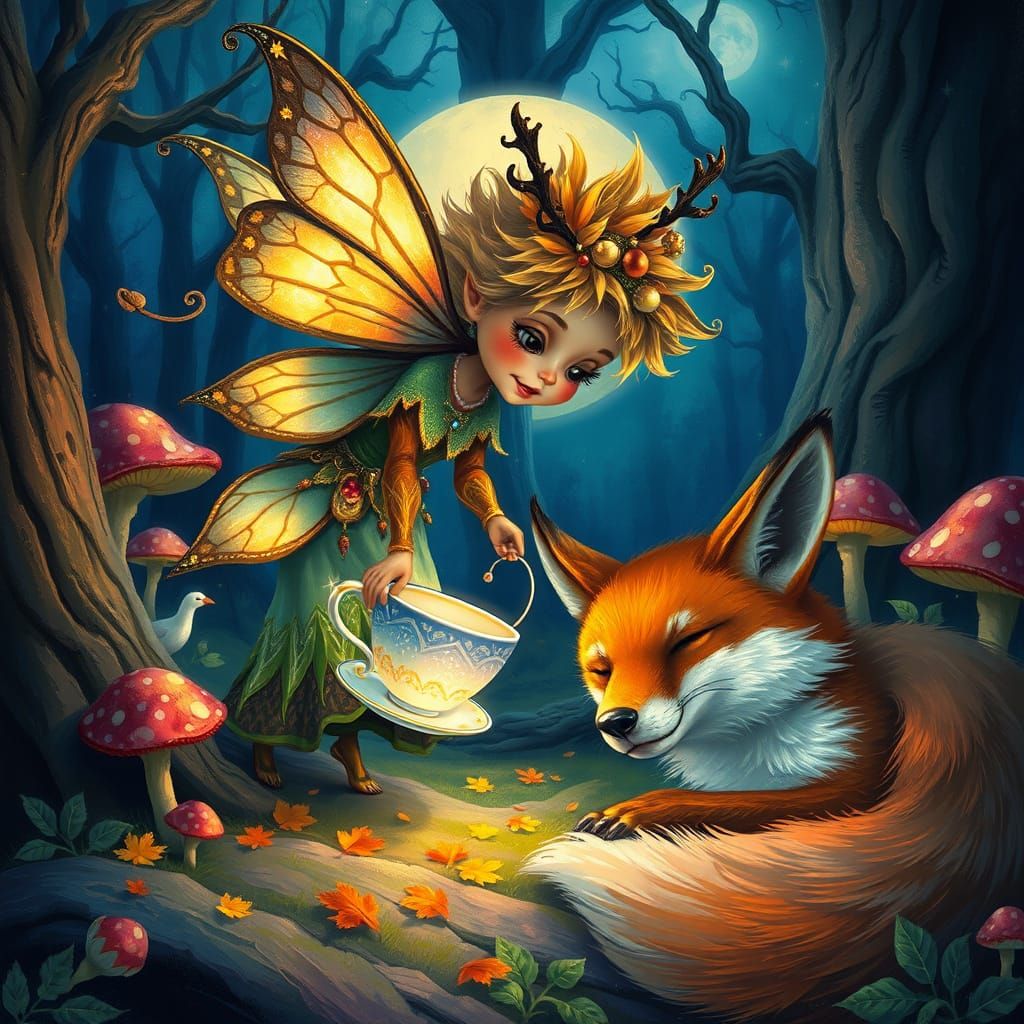 Mischievous Sprite Stealing Teacup from Fox in Magical Fores...