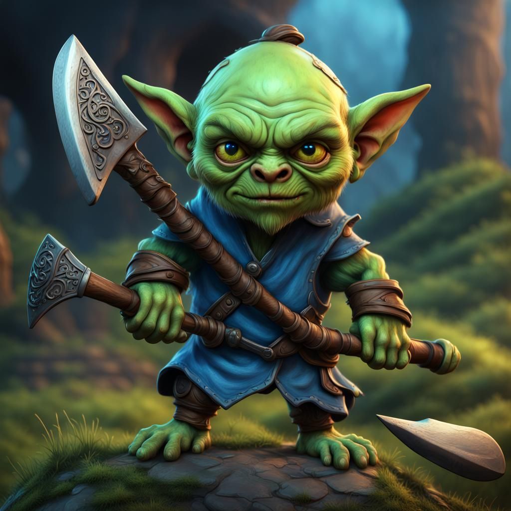Cute Goblin Warrior with Axe, Detailed Fantasy Art