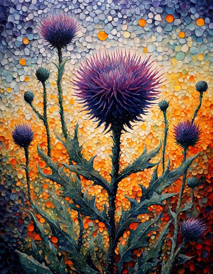 Acrylic Thistles in Misty Geometric Sunrise