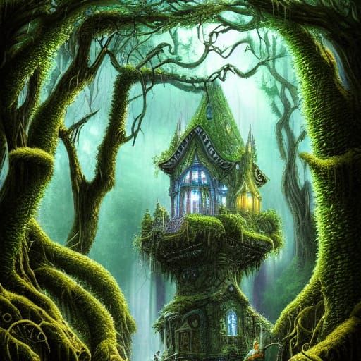 Enchanted Wizard's Tower in Dream Forest, Digital Art