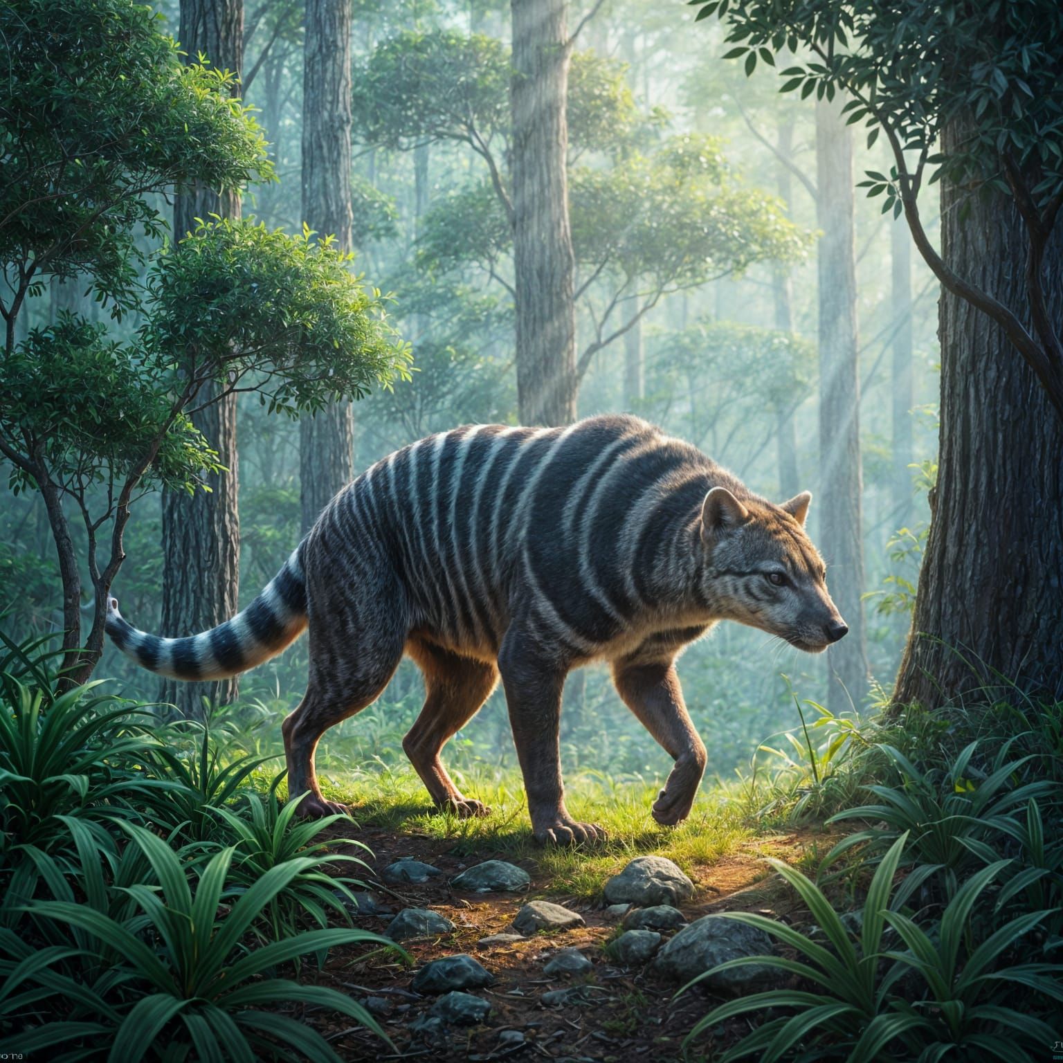 A Thylacine in the Cypress Forests of Tasmania