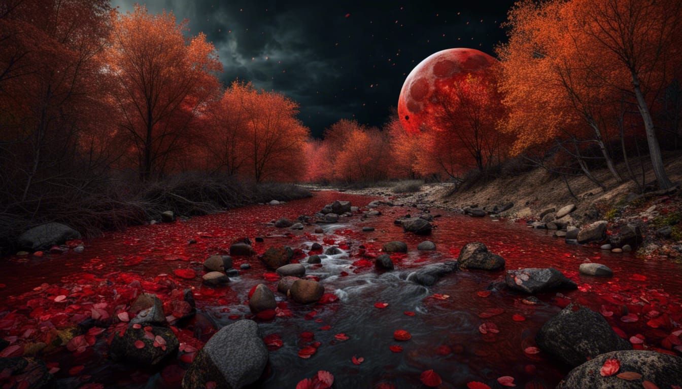 Eerie Blood Moon Over a Creepy Autumn Creek