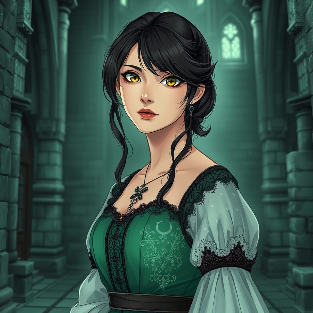 Medieval Woman in Quantum Castle, Monochrome Anime Photograp...