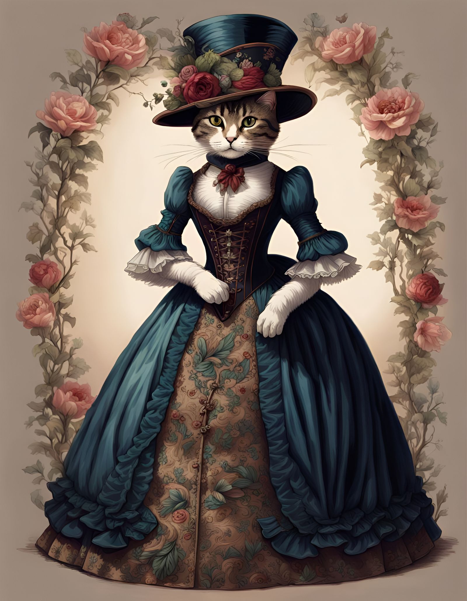 Victorian Cat in Embroidered Corset: Fantasy Art