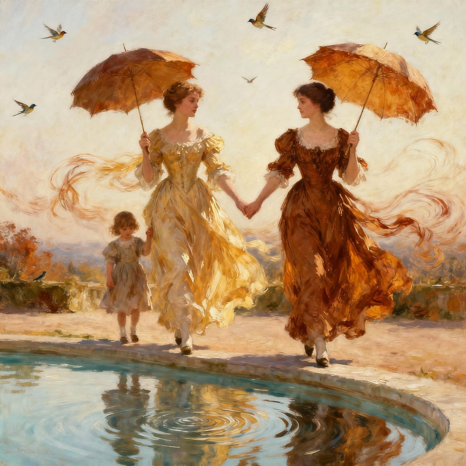 Impressionist Autumn Scene with Two Women and Children