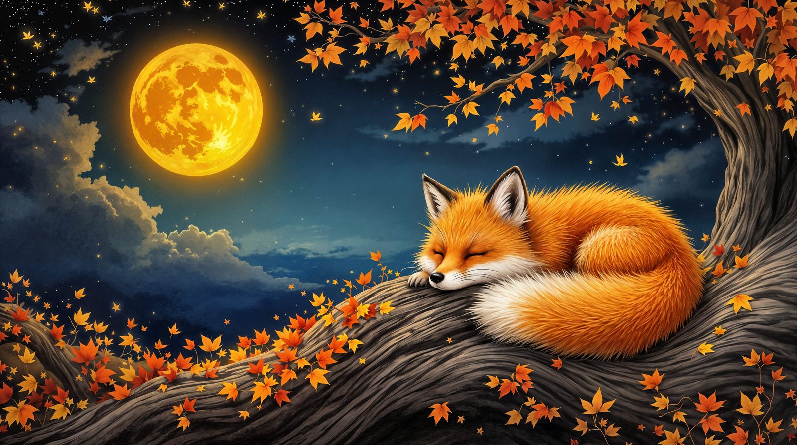 Whimsical Autumn Fox Basks in Golden Moonlight
