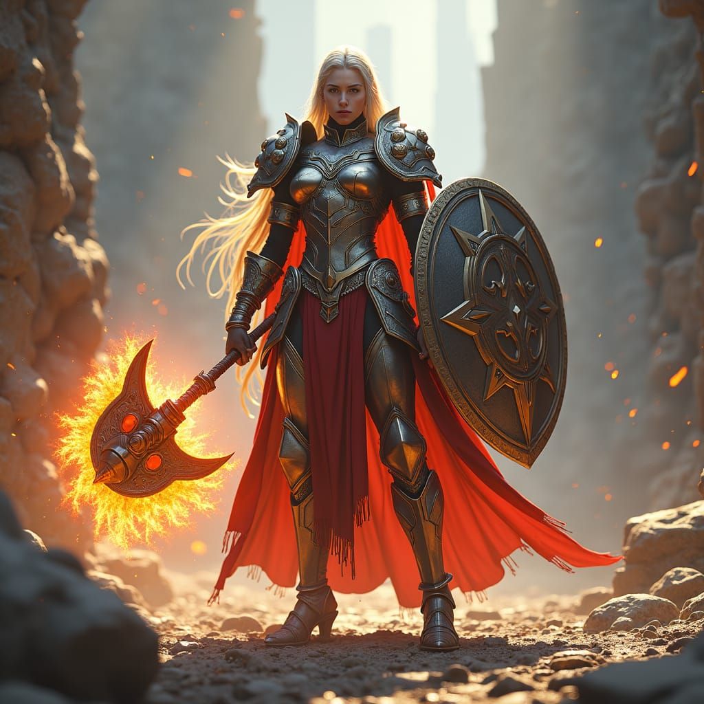 Female Cleric in Armor with Radiant Mace