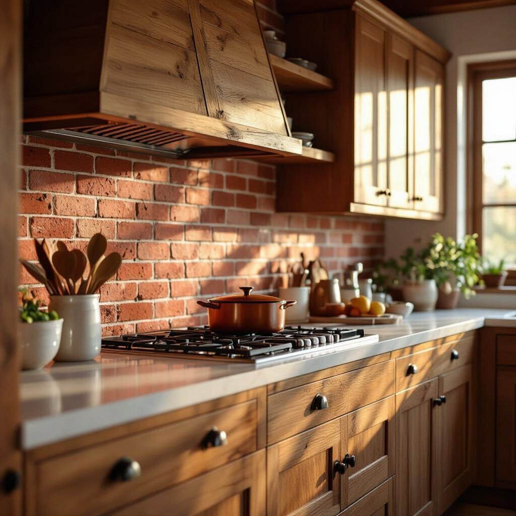 Cozy Kitchen with Wood Cabinets, Brick Backsplash, and Golde...