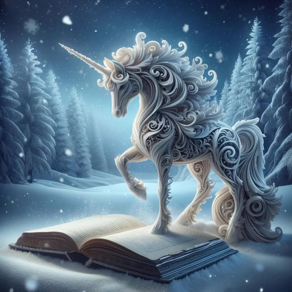Icy Unicorn in Snowy Winter Landscape