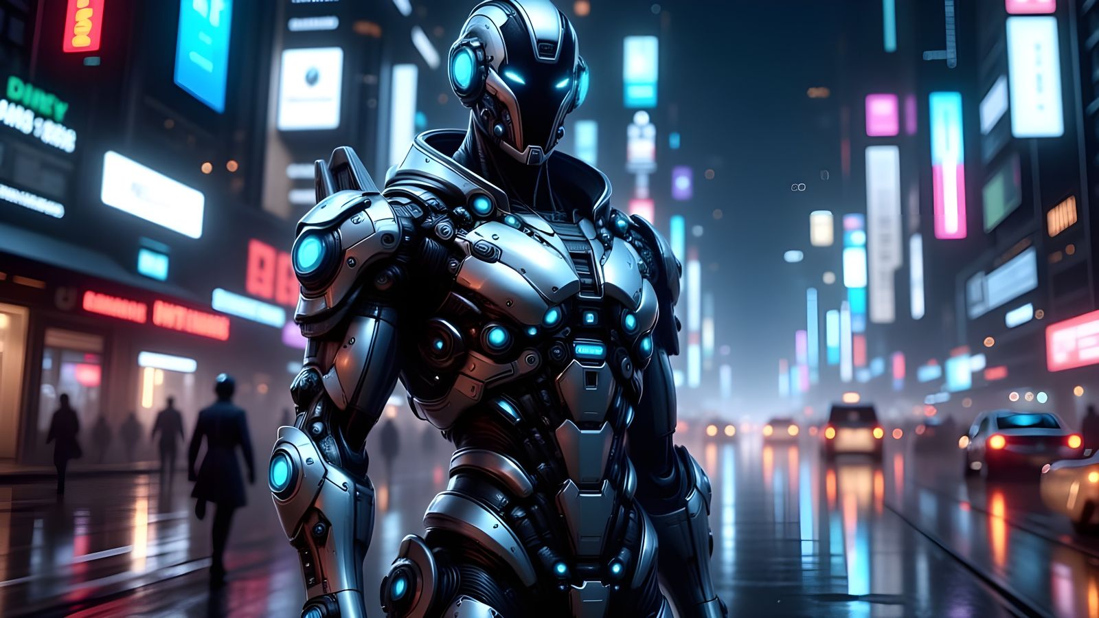 CyberCorp Police Officer Patrols Futuristic City Streets