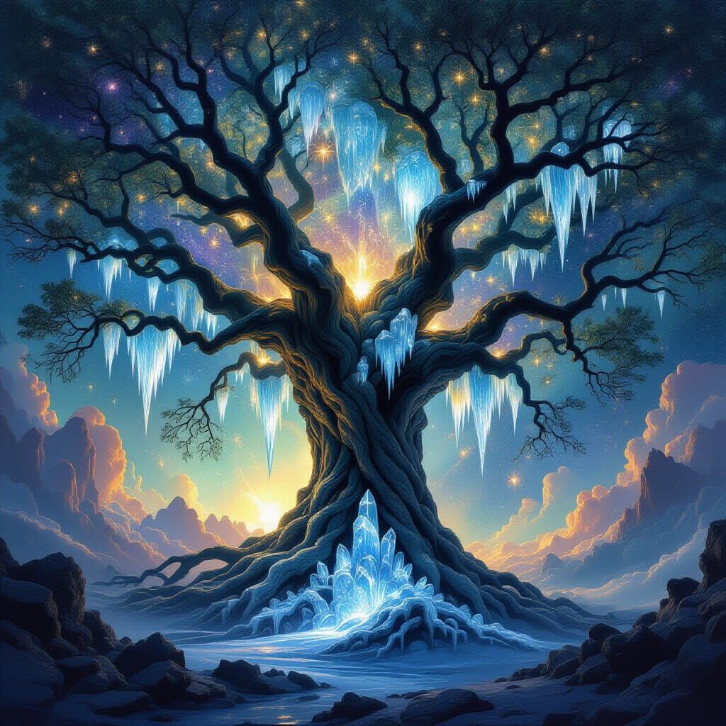 Ancient Cosmic Tree Weeping Luminescent Icicles in Nebula