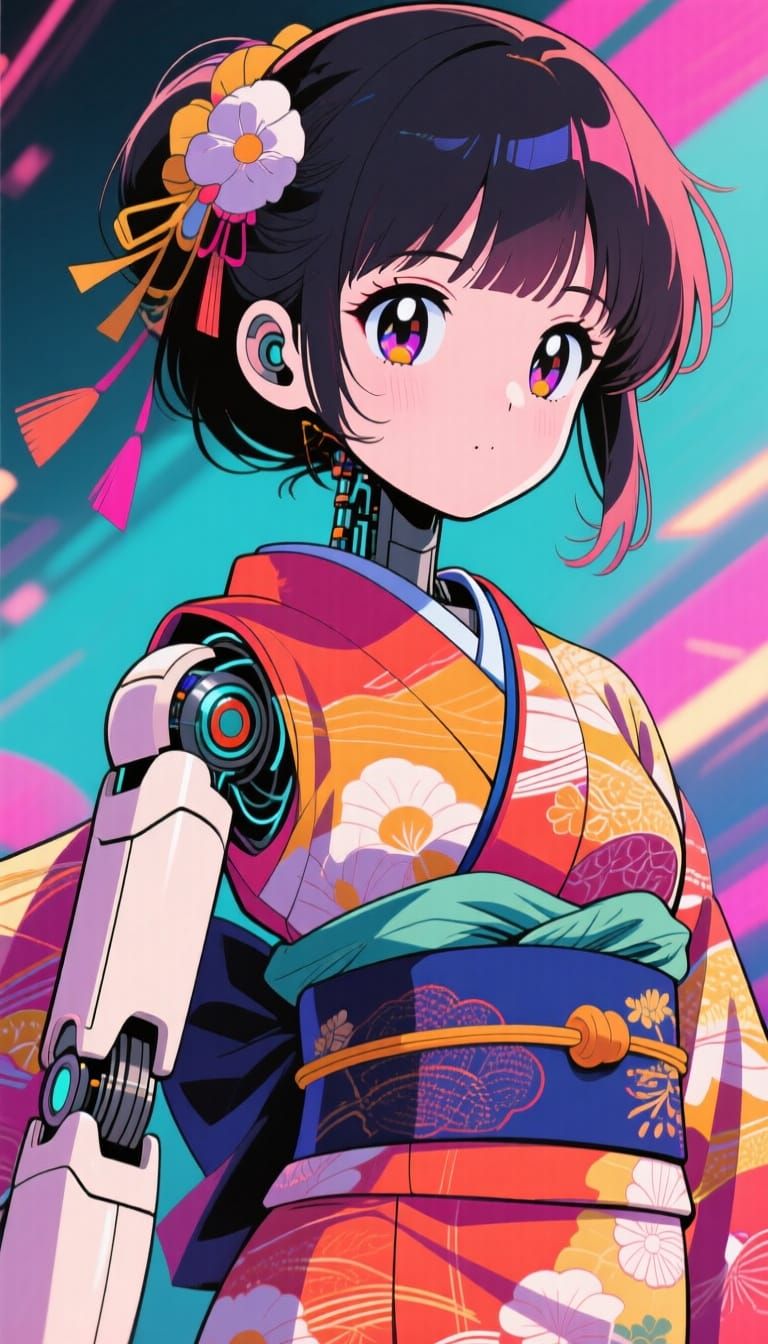 Automaton Girl in Yukata and Hakama, 80s Anime Style