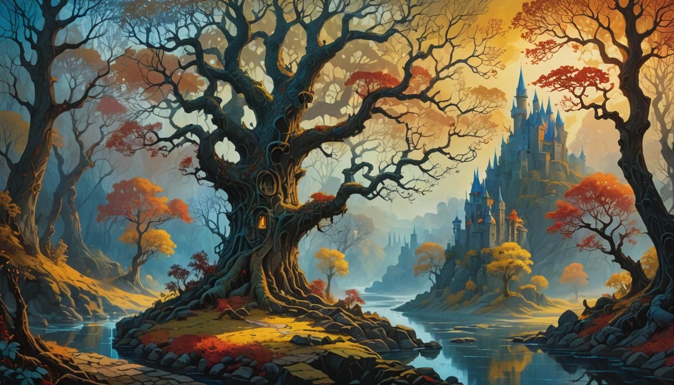 Mystical Medieval Castle Landscape in Abstract Expressionist...