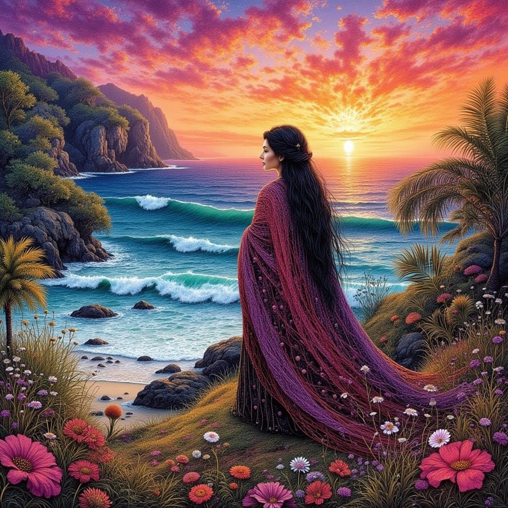 <lora:Concelo:1.0> A cloaked woman surrounded by animals and plants near the sea in ancient style <lora:Archetypal Image...