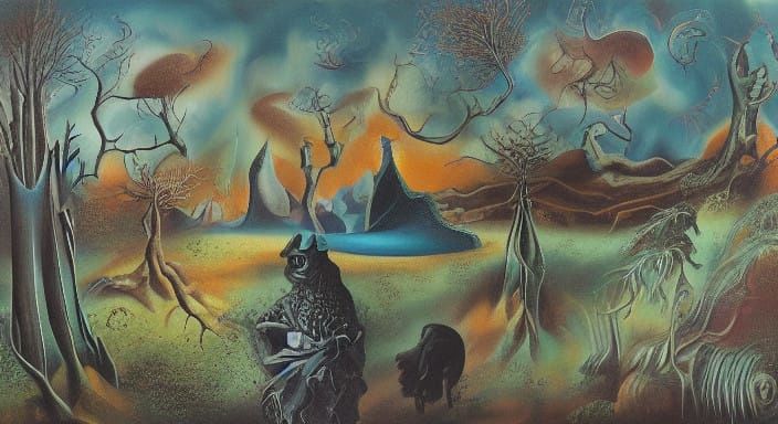 Surrealist Poets Ride into a Stormy Forest in a Dreamlike Sc...