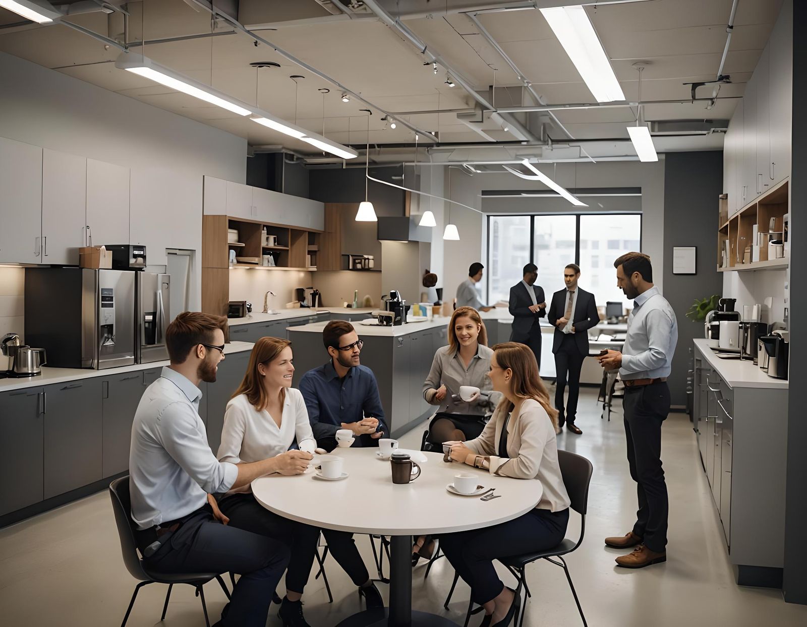 Office Kitchen Scene: Employees Relaxing Before Meeting