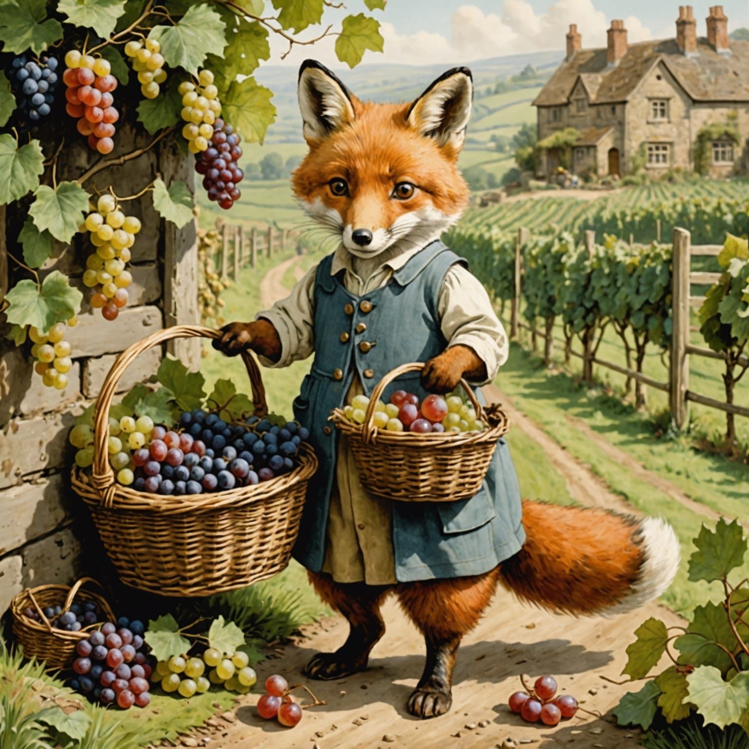Fox Harvesting Grapes in Beatrix Potter Style