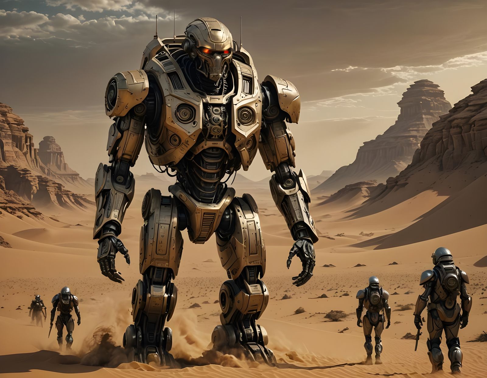 Military Robot in Sahara Desert, Detailed Render