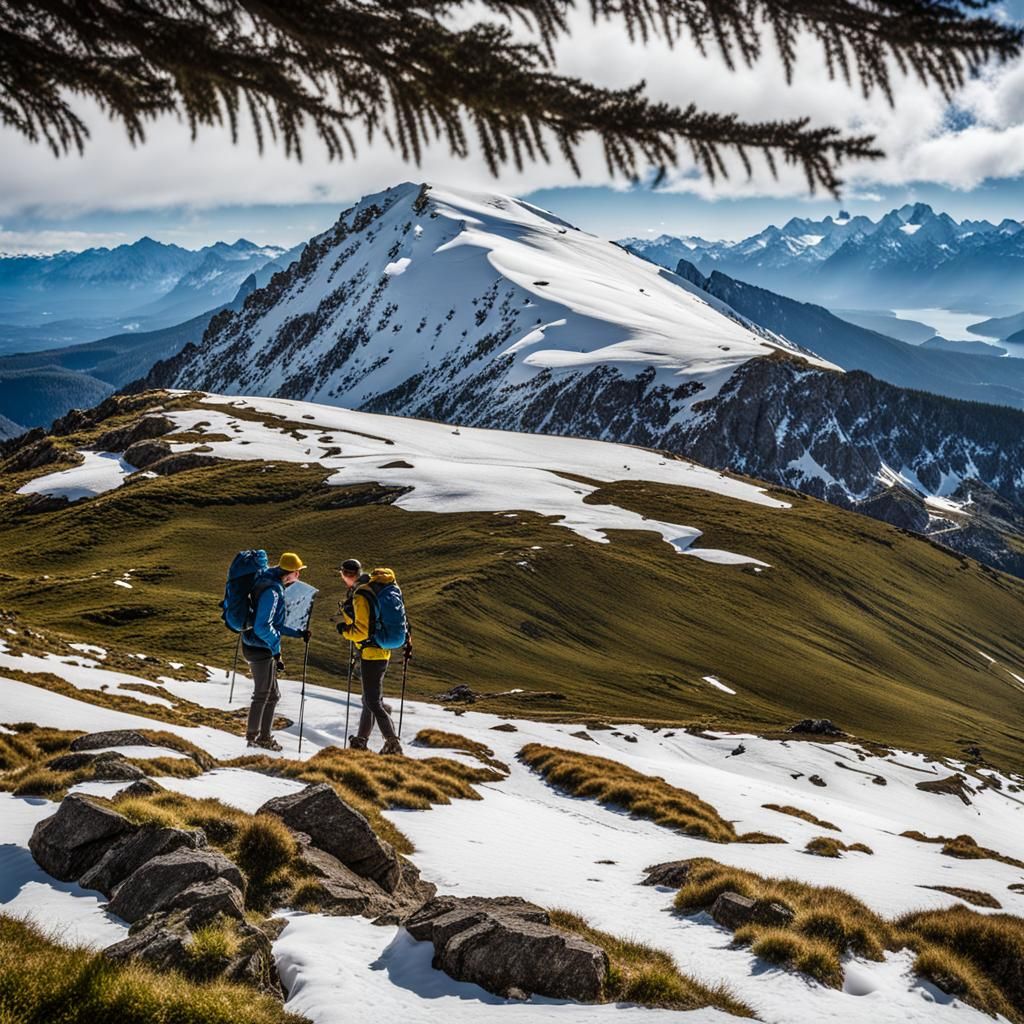 Hikers Ascending Snowy Mountain Peak
