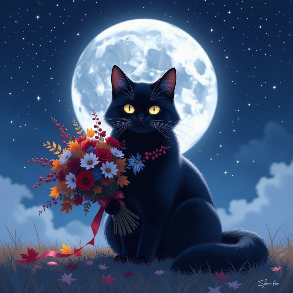 Black Cat with Autumn Bouquet on Starry Night