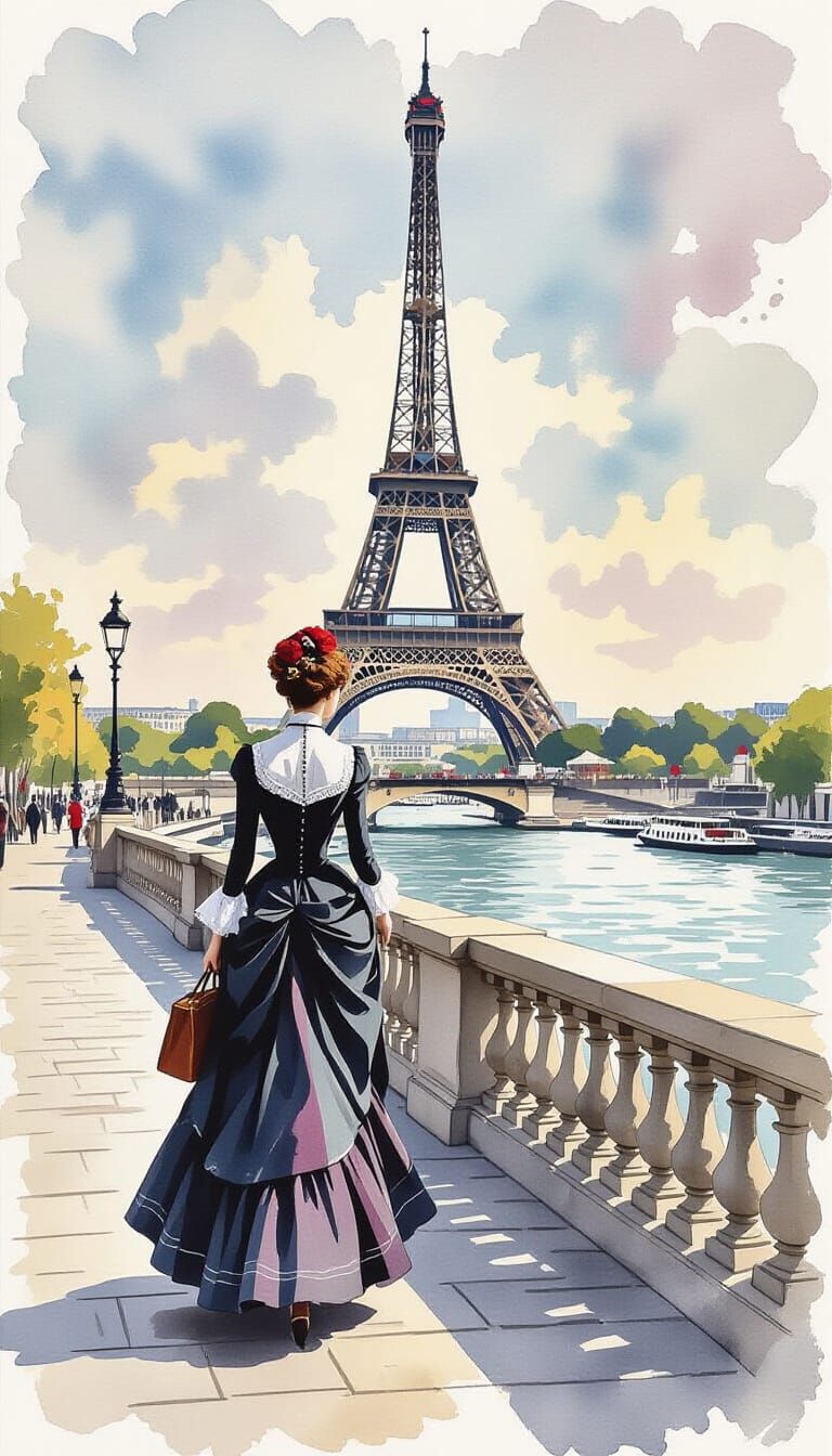 Woman Strolling Along Seine in Impressionist Style