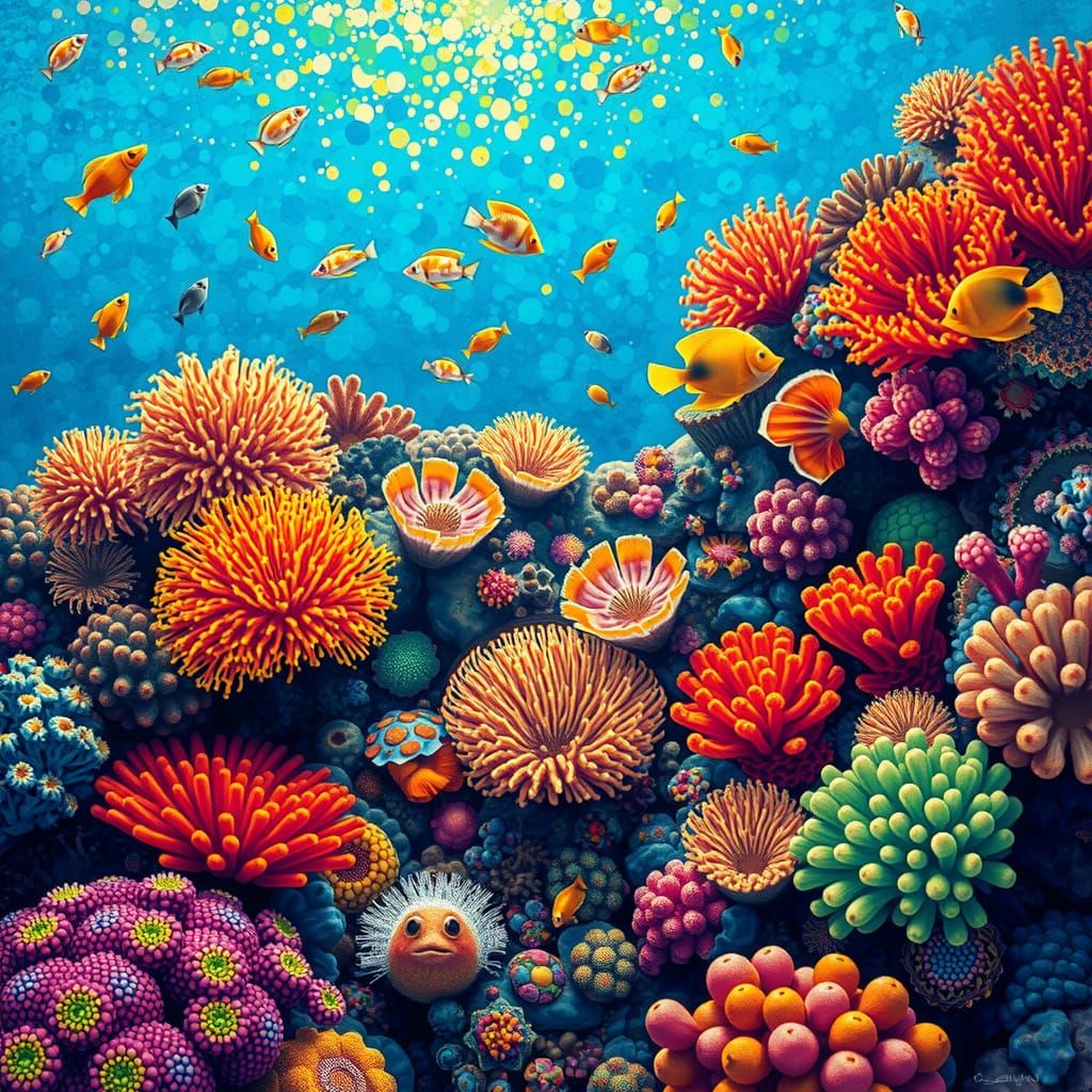 Tahitian Reef in Pointillism Style