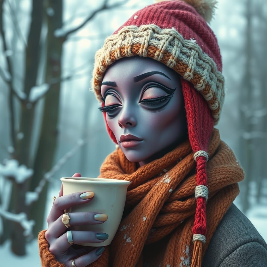 Alien Woman Sniffs Coffee in Mystical Landscape