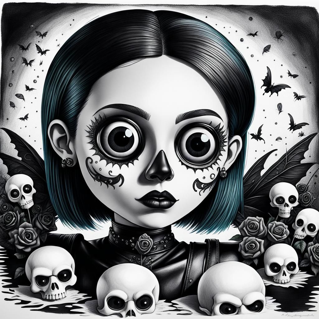 Surreal Crayon Drawing: Goth Woman in Darkness